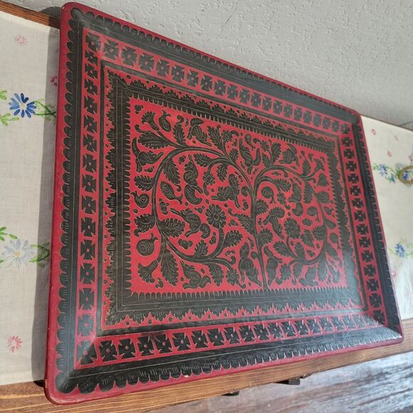 Vintage Olinala Mexican Folk Art Lacquered Wood Hand Painted Tray 16 x 12" Red/B - Picture 11 of 11